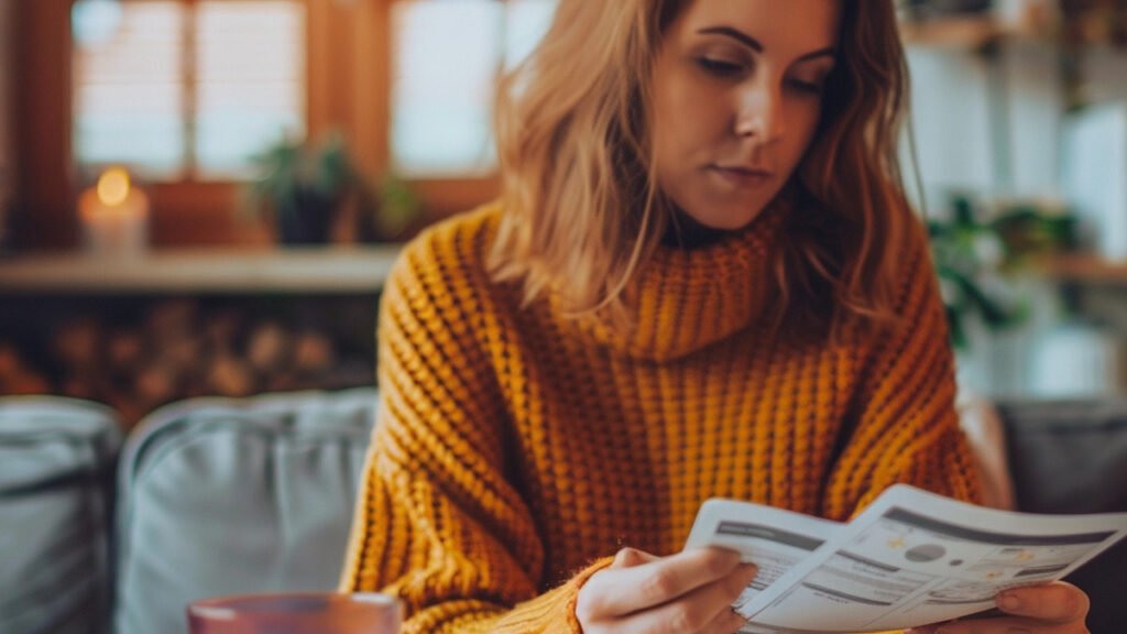 A woman in an orange sweater looks over her finances